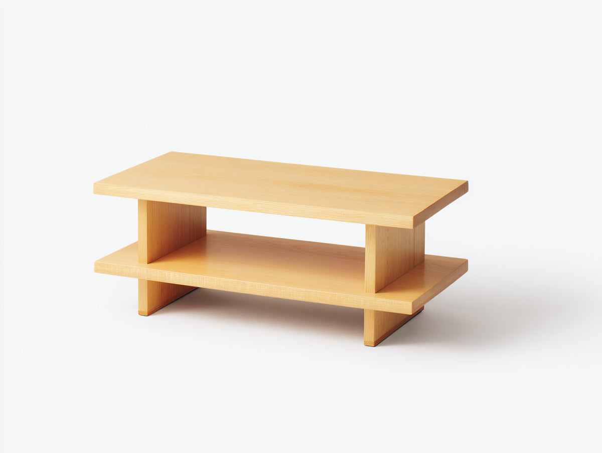 Table console basse en bois 105×45×55 cm - bois blond naturel - double niveau ouvert pour salon