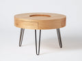 Table à manger ronde en bois 110×110×74 cm - bois naturel/noir - tiroir intégré et pieds épingle pour salon