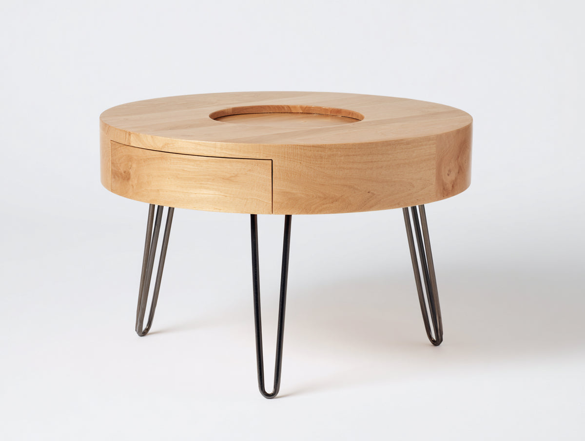 Table à manger ronde en bois 110×110×74 cm - bois naturel/noir - tiroir intégré et pieds épingle pour salon