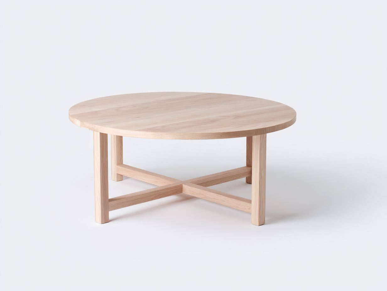 Table à manger ronde en bois blond 120×120×75 cm - plateau veiné - quatre pieds avec croisillons pour salon