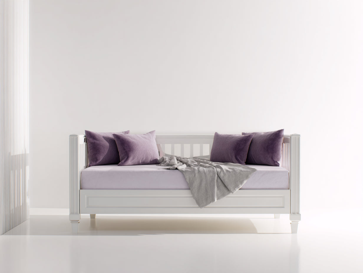 Canapé-lit banquette 208×96×85 cm - blanc/lavande - dossier ajouré style classique