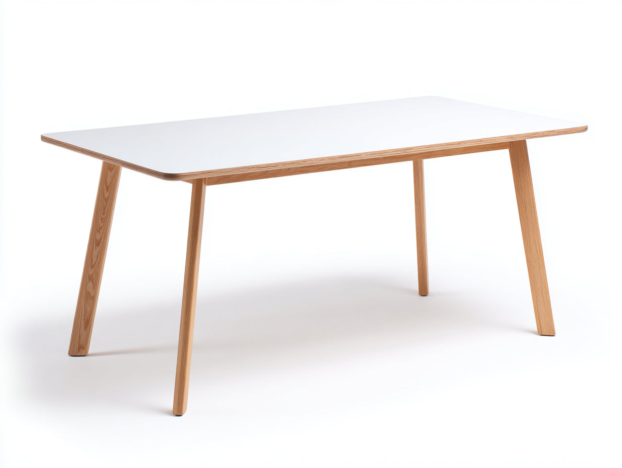 Table console moderne 155×55×75 cm - blanc/bois clair - pieds inclinés pour salon