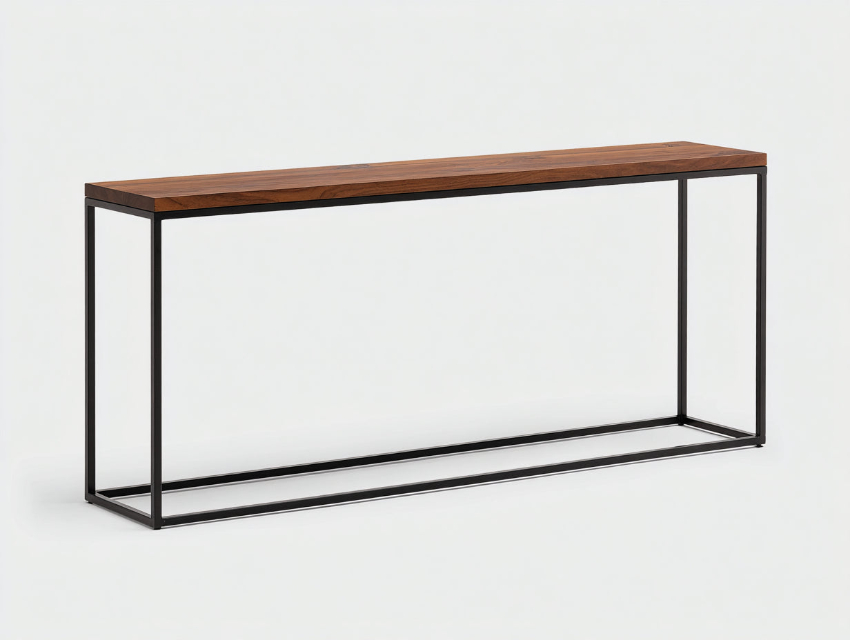 Table console bois finition noyer-métal 160×35×80 cm - brun noyer/noir - design minimaliste