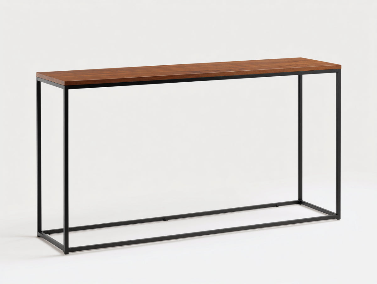 Table console bois finition noyer-métal 140×35×80 cm - brun noyer/noir - style industriel