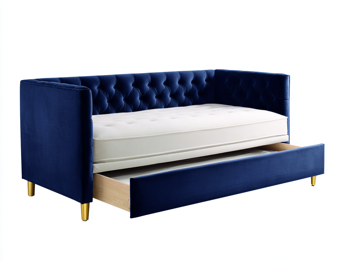 Canapé-lit gigogne 205×98×88 cm en velours bleu marine et blanc - dossier capitonné pour chambre