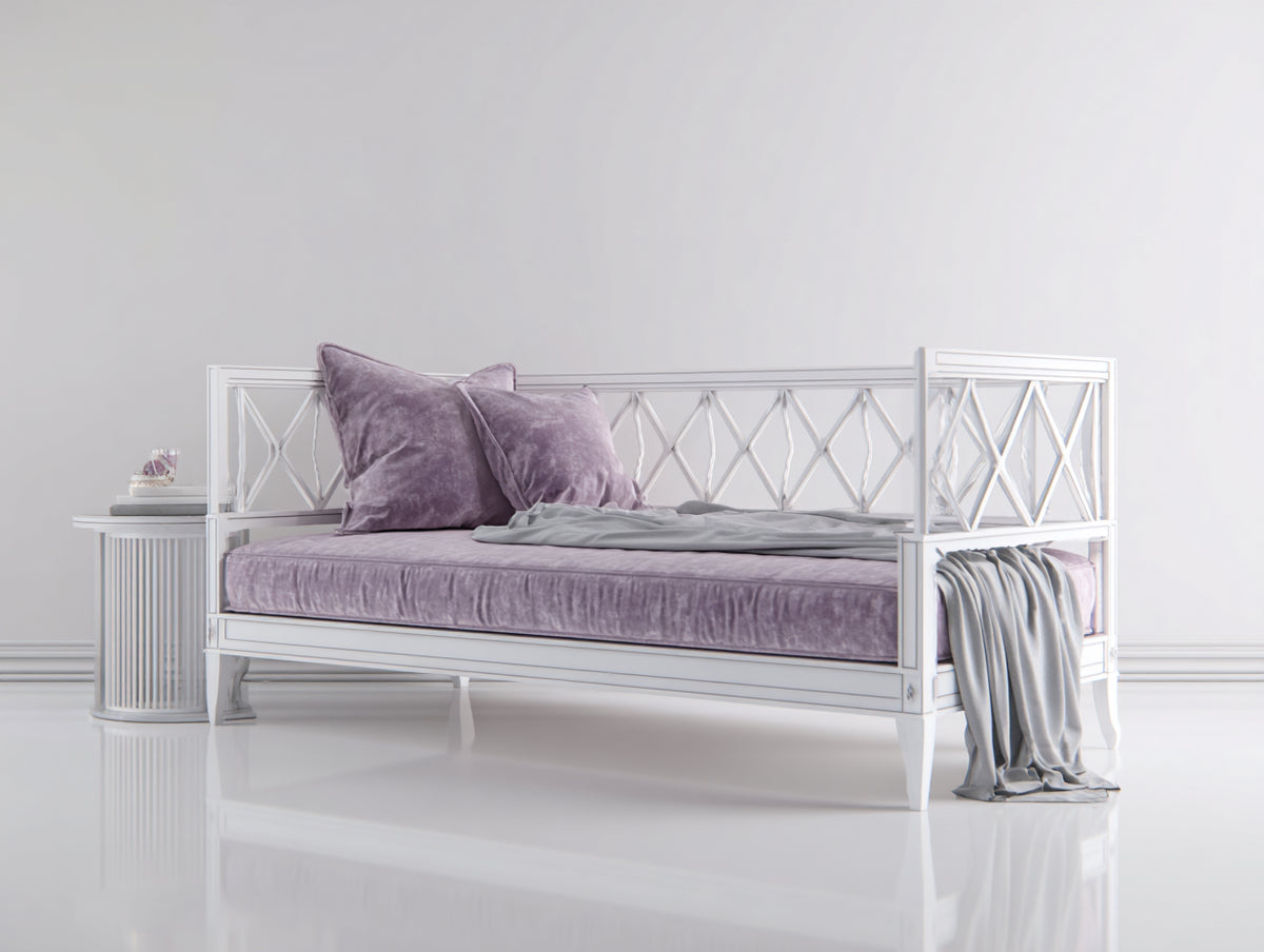 Canapé-lit banquette 205×95×88 cm blanc et lilas - cadre ajouré classique pour chambre