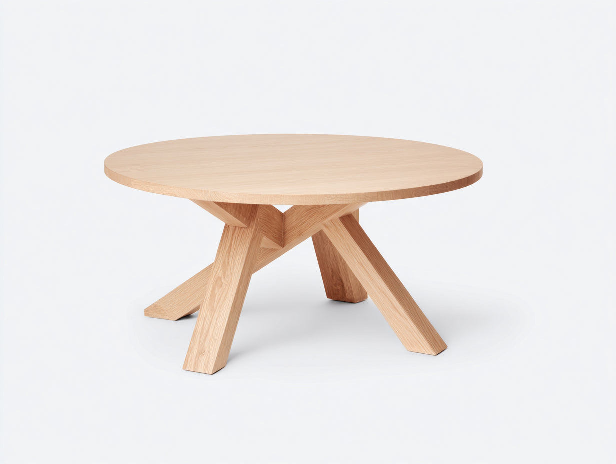 Table à manger ronde en bois 130×130×75 cm - bois naturel clair - piètement croisé sculptural