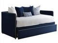 Canapé-lit gigogne 202×96×82 cm en velours bleu nuit et blanc - passepoil doré pour chambre