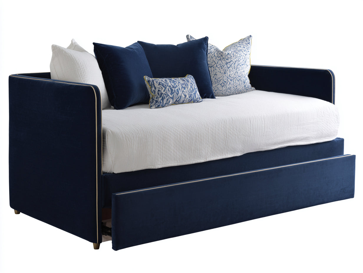 Canapé-lit gigogne 202×96×82 cm en velours bleu nuit et blanc - passepoil doré pour chambre