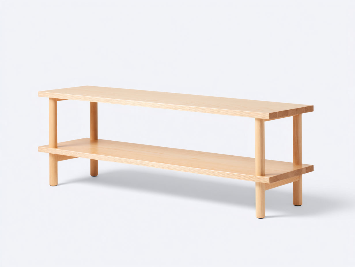 Table console longue en bois 160×38×70 cm - bois clair naturel - tablette ouverte et pieds cylindriques pour salon
